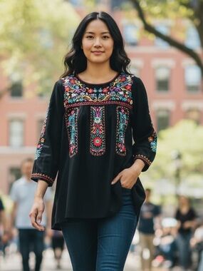 Mint Limit Black Boho Embroidered  Peasant Top w/ Mexican Inspired Floral SZ XL